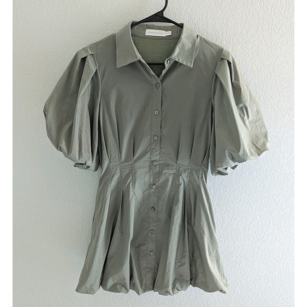 Jonathan Simkhai Cleo Balloon Pintuck Poplin Mini Dress Women's Size 2 Green